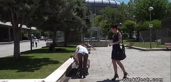  Lezdom canning in public park bent over bench